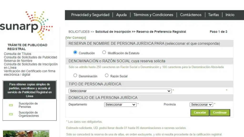Reserva de nombre Sunarp online